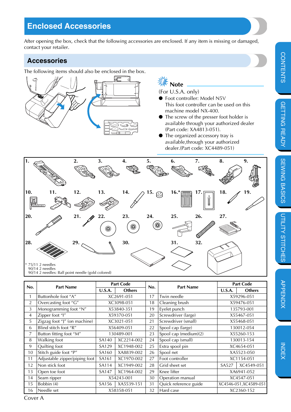 Enclosed accessories, Accessories | Brother NX-400 User Manual | Page 2 / 153