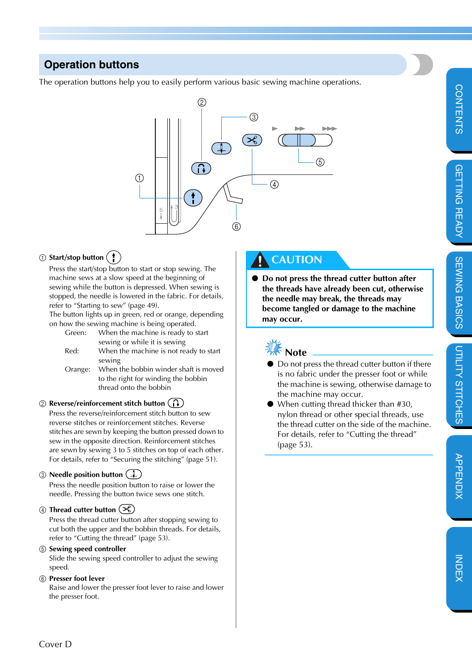 Operation buttons, Caution | Brother NX-400 User Manual | Page 5 / 153