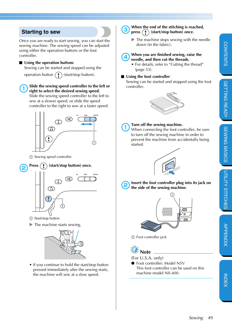 Starting to sew | Brother NX-400 User Manual | Page 55 / 153