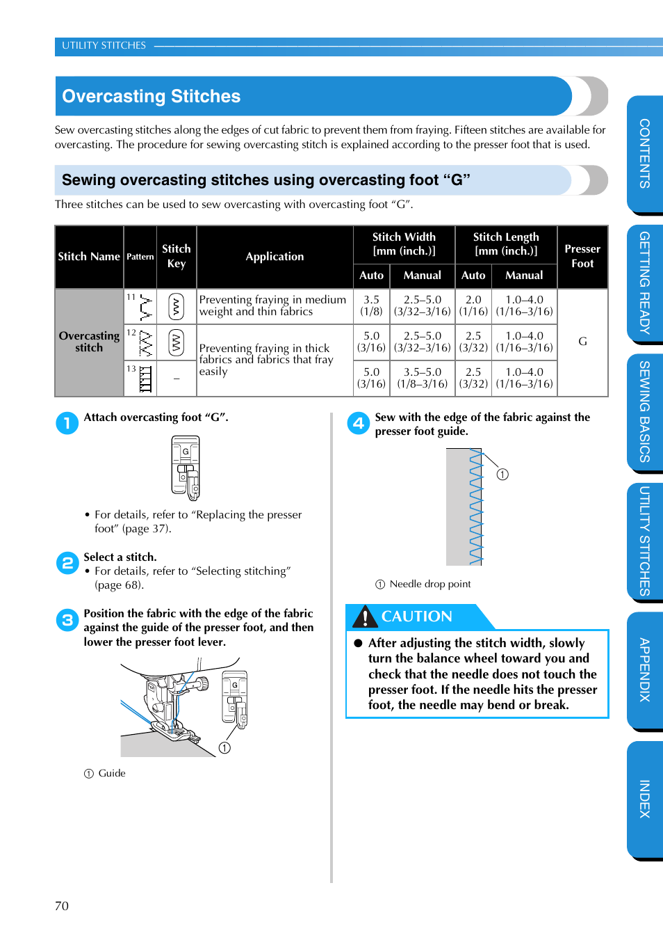 Overcasting stitches, Caution | Brother NX-400 User Manual | Page 76 / 153