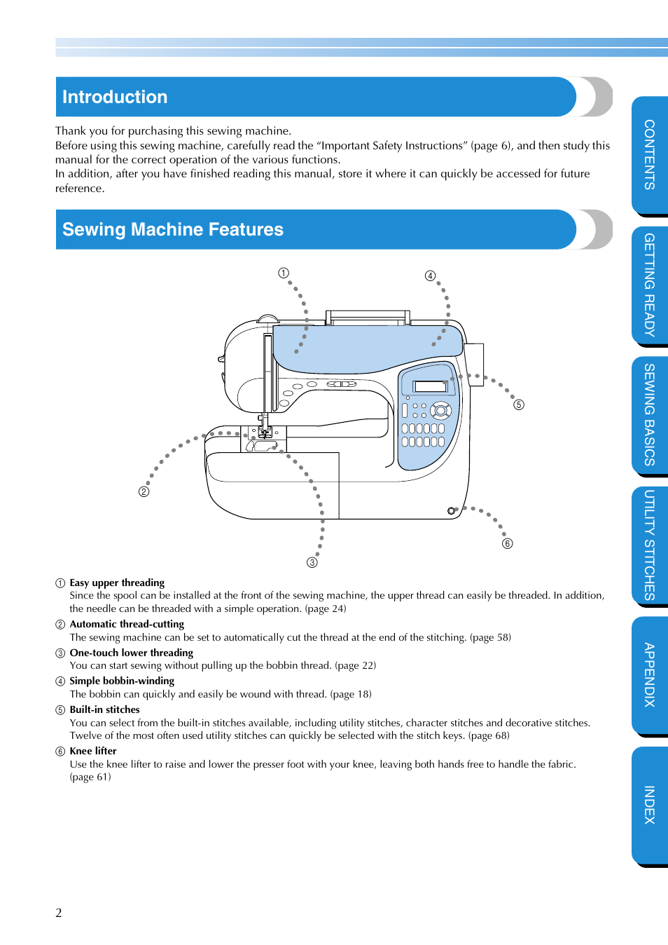 Introduction, Sewing machine features | Brother NX-400 User Manual | Page 8 / 153