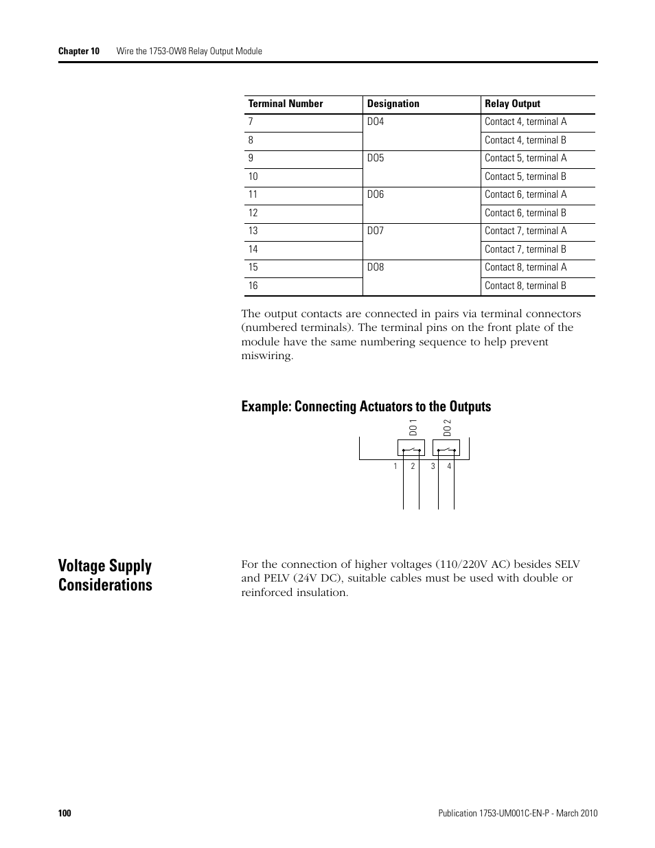 Voltage supply considerations, Example: connecting actuators to the outputs | Rockwell Automation 1755-OF8 GuardPLC Controller Systems User Manual | Page 100 / 356