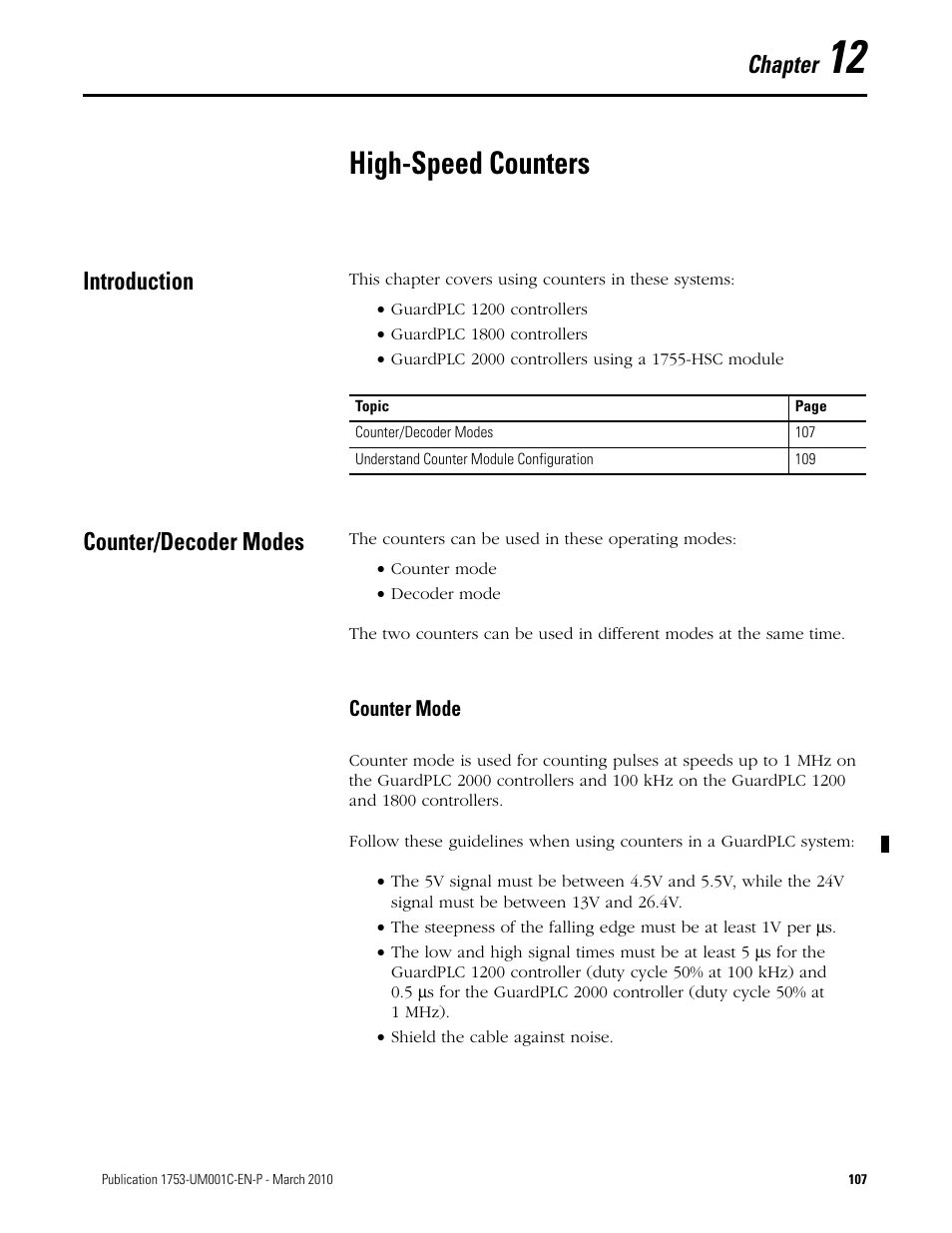12 - high-speed counters, Introduction, Counter/decoder modes | Chapter 12, High-speed counters, Introduction counter/decoder modes, Counter mode, Chapter | Rockwell Automation 1755-OF8 GuardPLC Controller Systems User Manual | Page 107 / 356