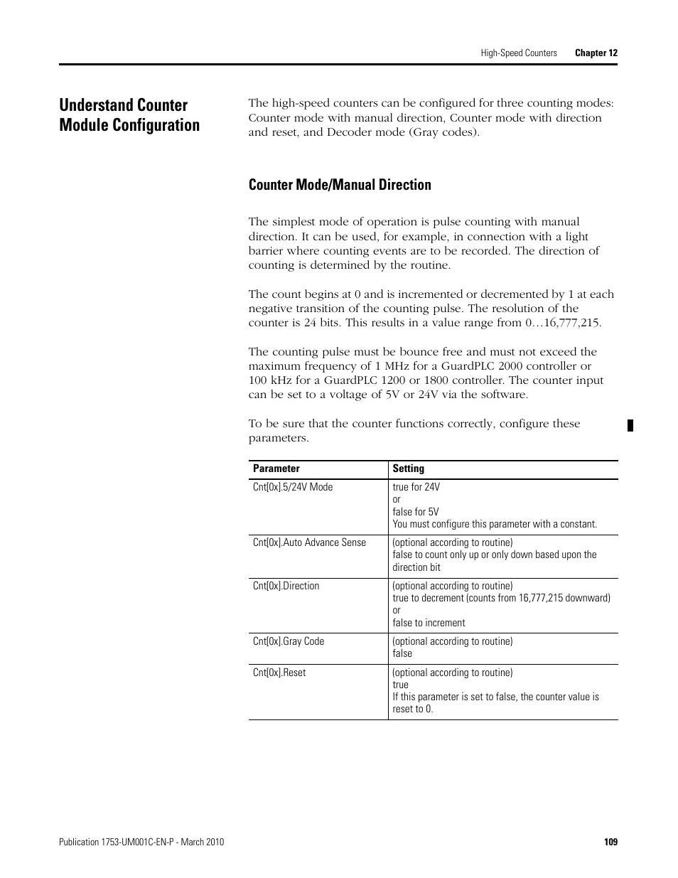 Understand counter module configuration, Counter mode/manual direction | Rockwell Automation 1755-OF8 GuardPLC Controller Systems User Manual | Page 109 / 356