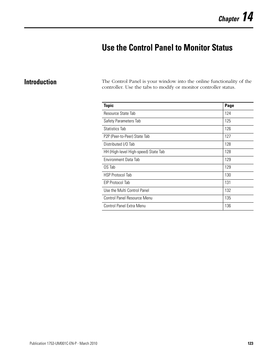 14 - use the control panel to monitor status, Introduction, Chapter 14 | Use the control panel to monitor status, Chapter | Rockwell Automation 1755-OF8 GuardPLC Controller Systems User Manual | Page 123 / 356