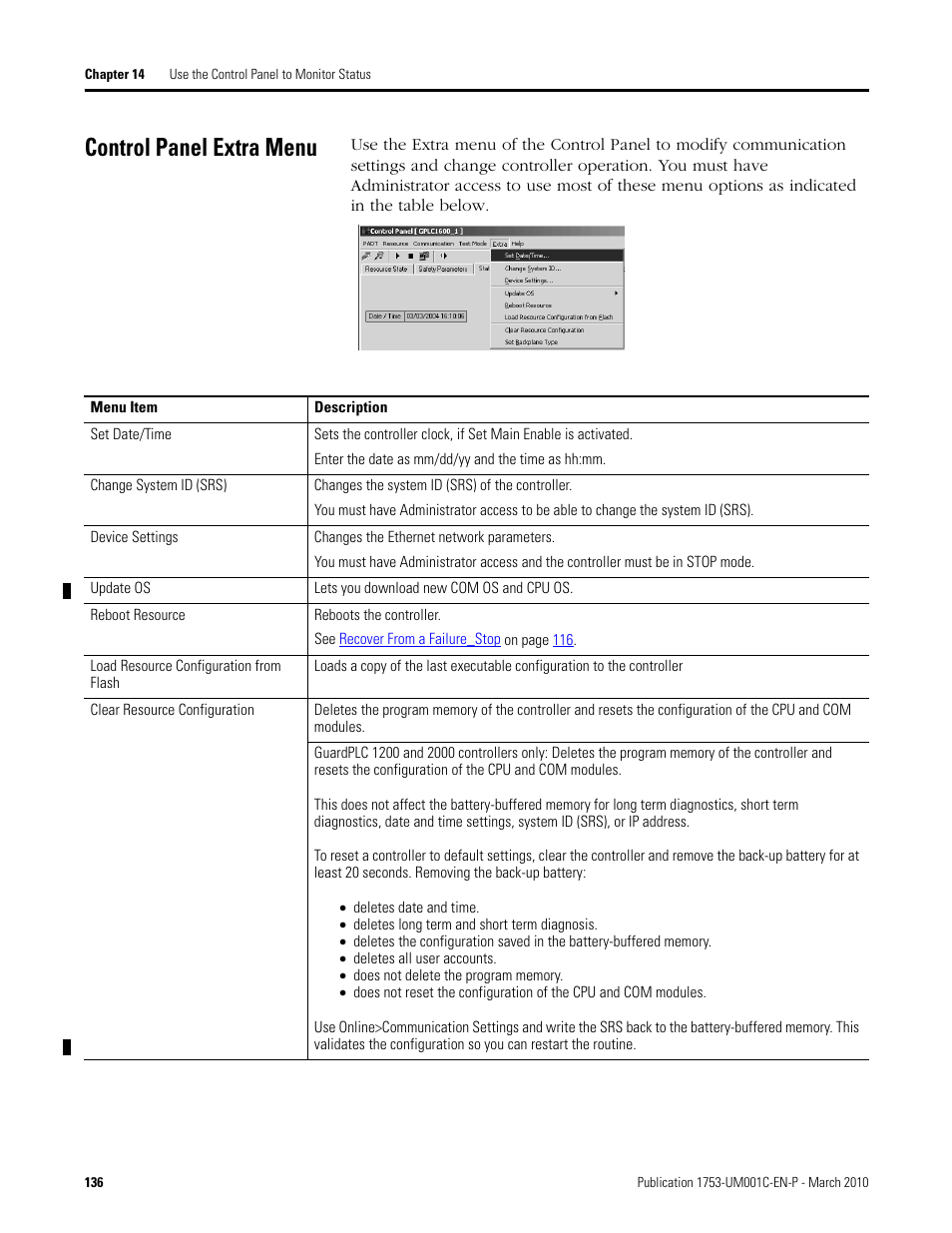 Control panel extra menu | Rockwell Automation 1755-OF8 GuardPLC Controller Systems User Manual | Page 136 / 356