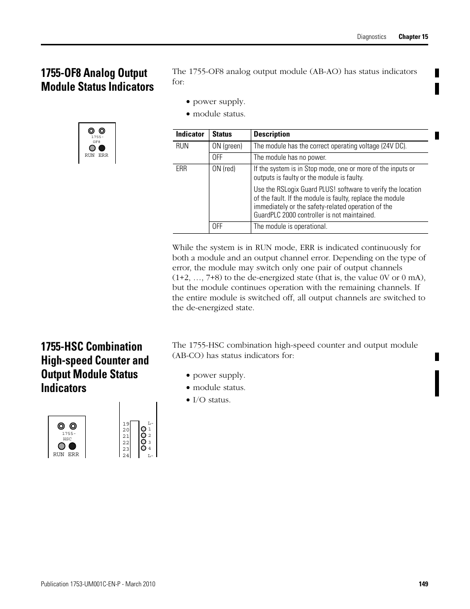 1755-of8 analog output module status indicators | Rockwell Automation 1755-OF8 GuardPLC Controller Systems User Manual | Page 149 / 356