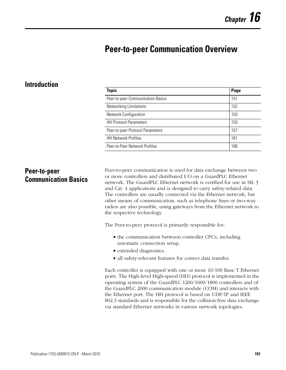 16 - peer-to-peer communication overview, Introduction, Peer-to-peer communication basics | Chapter 16, Peer-to-peer communication overview, Introduction peer-to-peer communication basics, Chapter | Rockwell Automation 1755-OF8 GuardPLC Controller Systems User Manual | Page 151 / 356