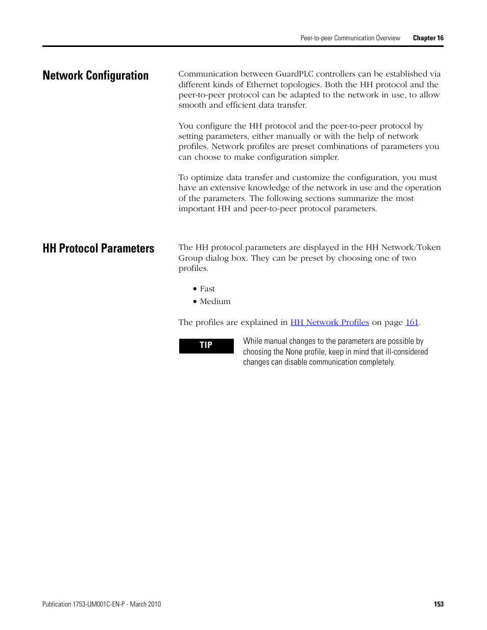 Network configuration, Hh protocol parameters, Network configuration hh protocol parameters | Rockwell Automation 1755-OF8 GuardPLC Controller Systems User Manual | Page 153 / 356