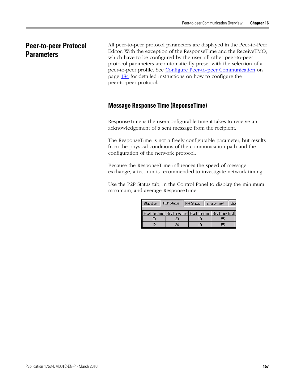 Peer-to-peer protocol parameters, Message response time (reponsetime) | Rockwell Automation 1755-OF8 GuardPLC Controller Systems User Manual | Page 157 / 356