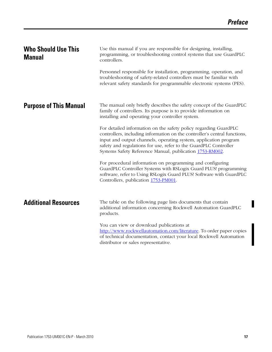 Preface, Who should use this manual, Purpose of this manual | Additional resources, Preface who should use this manual | Rockwell Automation 1755-OF8 GuardPLC Controller Systems User Manual | Page 17 / 356