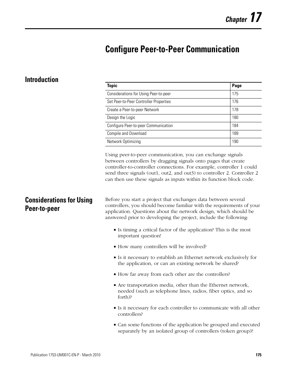 17 - configure peer-to-peer communication, Introduction, Considerations for using peer-to-peer | Chapter 17, Configure peer-to-peer communication, Introduction considerations for using peer-to-peer, Chapter | Rockwell Automation 1755-OF8 GuardPLC Controller Systems User Manual | Page 175 / 356