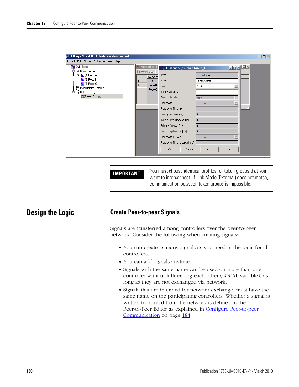 Design the logic, Create peer-to-peer signals | Rockwell Automation 1755-OF8 GuardPLC Controller Systems User Manual | Page 180 / 356