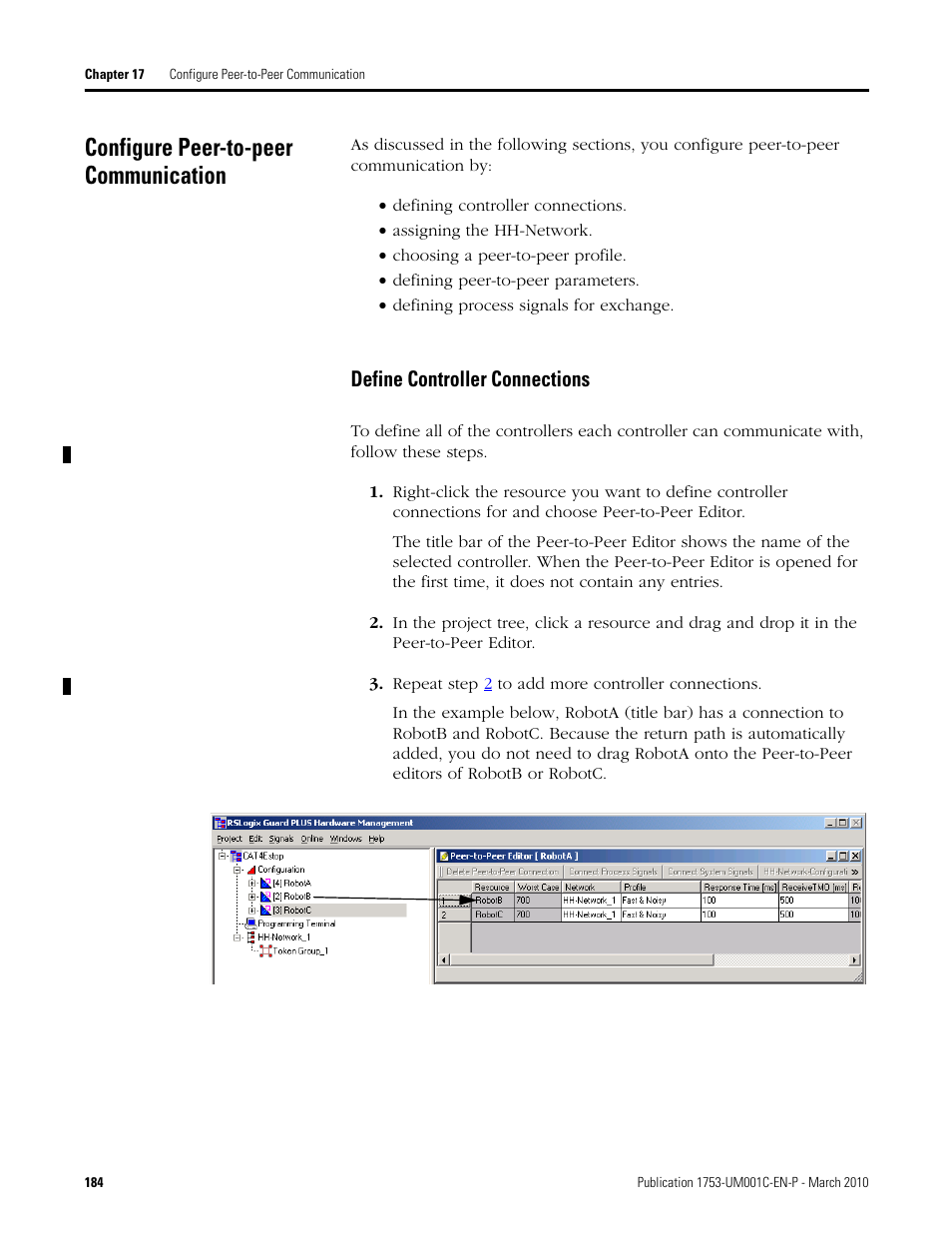 Configure peer-to-peer communication, Define controller connections, Configure peer-to-peer | Communication | Rockwell Automation 1755-OF8 GuardPLC Controller Systems User Manual | Page 184 / 356