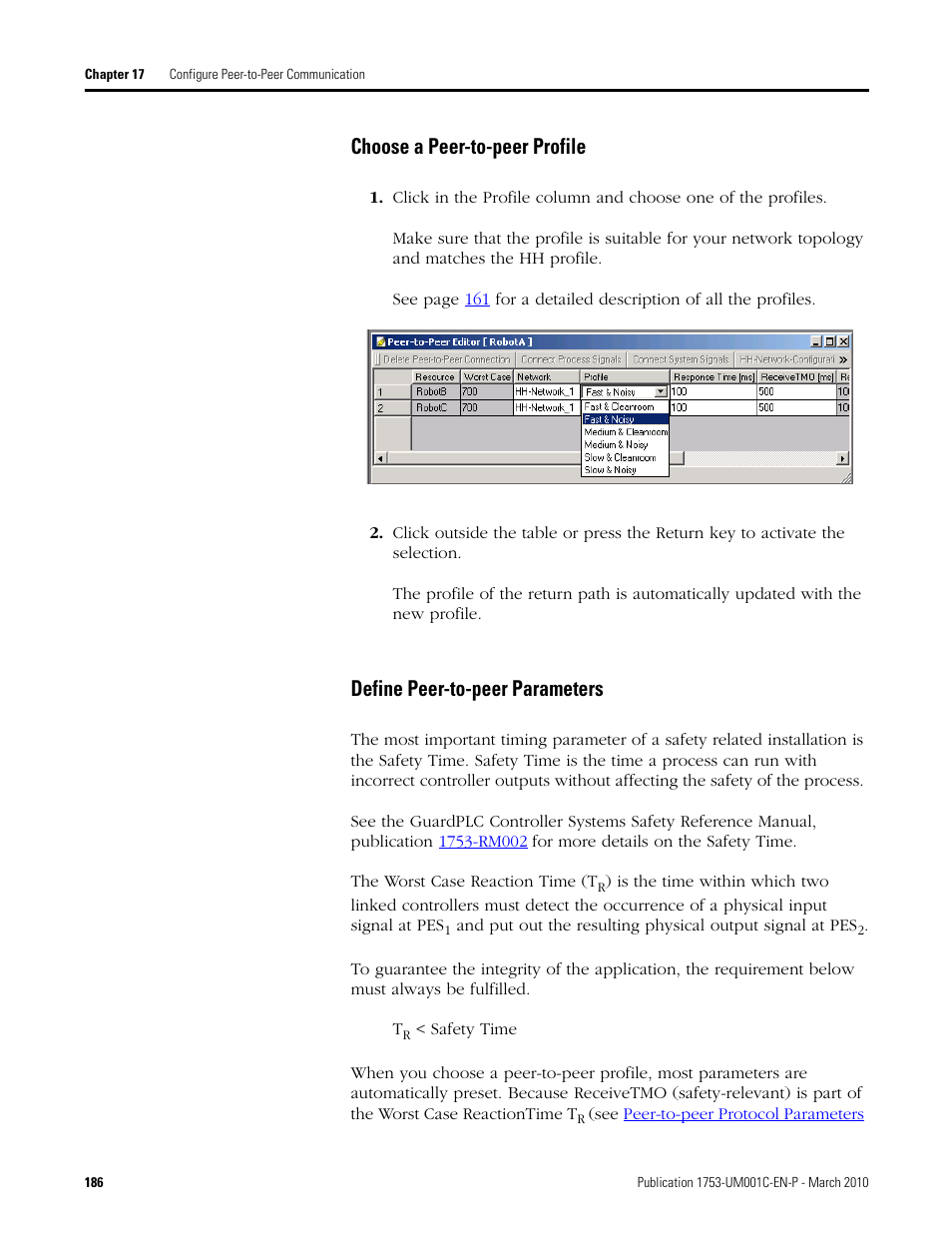 Define peer-to-peer parameters, Choose a peer-to-peer profile | Rockwell Automation 1755-OF8 GuardPLC Controller Systems User Manual | Page 186 / 356