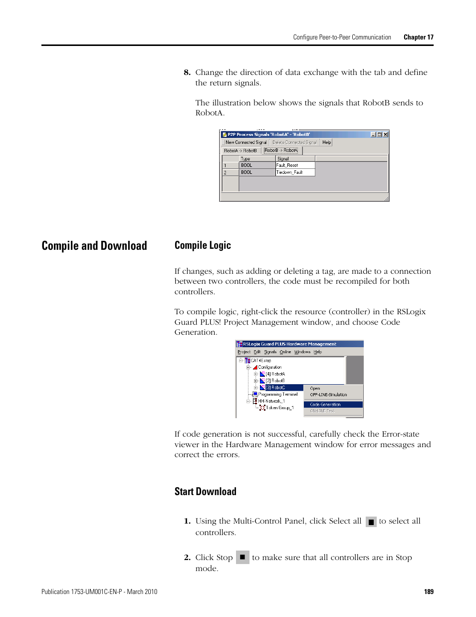 Compile and download, Compile logic start download, Compile logic | Start download | Rockwell Automation 1755-OF8 GuardPLC Controller Systems User Manual | Page 189 / 356