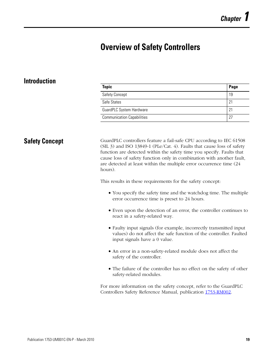 1 - overview of safety controllers, Introduction, Safety concept | Chapter 1, Overview of safety controllers, Introduction safety concept, Chapter | Rockwell Automation 1755-OF8 GuardPLC Controller Systems User Manual | Page 19 / 356