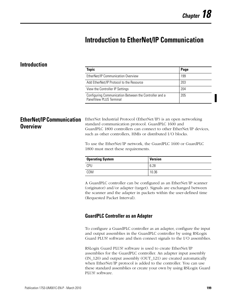 18 - introduction to ethernet/ip communication, Introduction, Ethernet/ip communication overview | Chapter 18, Introduction to ethernet/ip communication, Introduction ethernet/ip communication overview, Guardplc controller as an adapter, Chapter | Rockwell Automation 1755-OF8 GuardPLC Controller Systems User Manual | Page 199 / 356