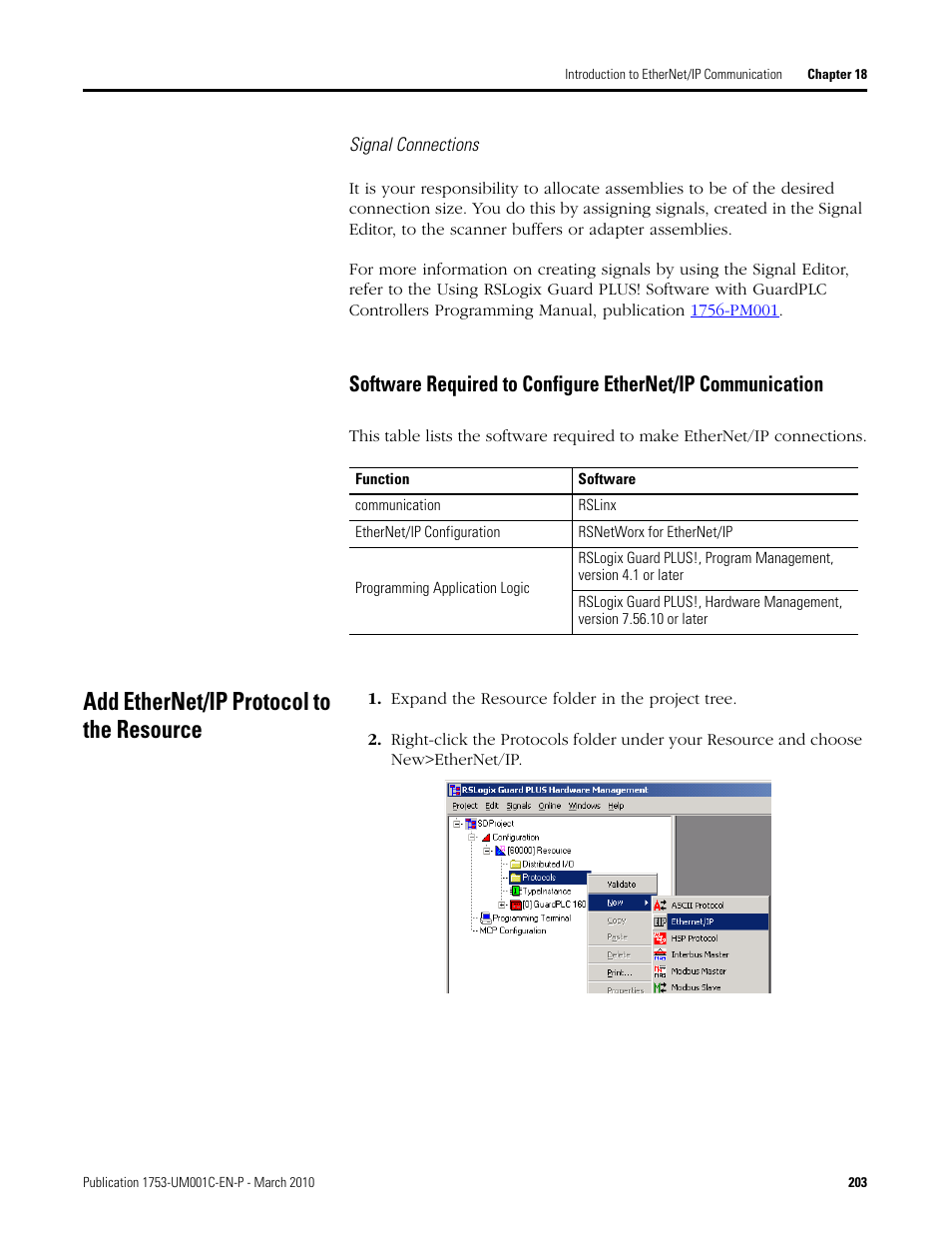 Add ethernet/ip protocol to the resource, Software required to configure ethernet/ip, Communication | Rockwell Automation 1755-OF8 GuardPLC Controller Systems User Manual | Page 203 / 356