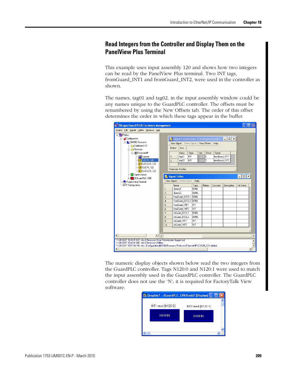 Read integers from the controller and display them, On the panelview plus terminal | Rockwell Automation 1755-OF8 GuardPLC Controller Systems User Manual | Page 209 / 356