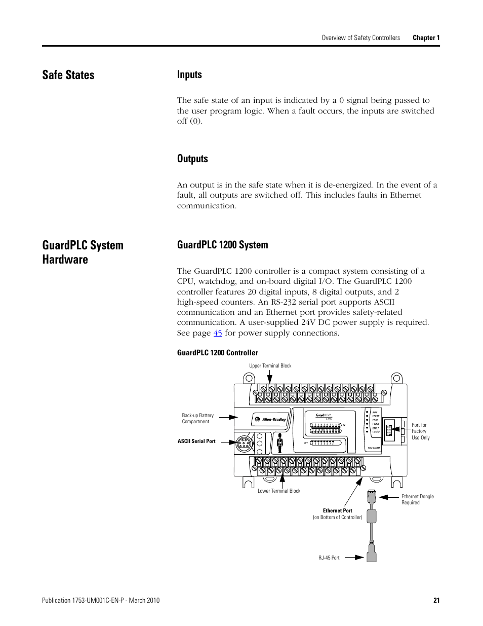 Safe states, Guardplc system hardware, Inputs outputs | Guardplc 1200 system, Inputs, Outputs | Rockwell Automation 1755-OF8 GuardPLC Controller Systems User Manual | Page 21 / 356