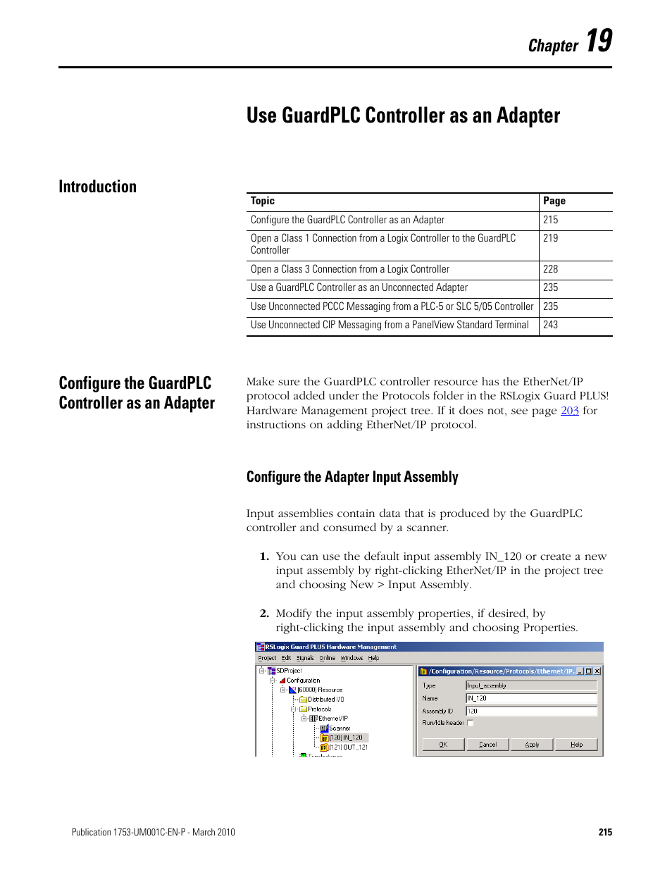19 - use guardplc controller as an adapter, Introduction, Configure the guardplc controller as an adapter | Chapter 19, Use guardplc controller as an adapter, Configure the adapter input assembly, Chapter | Rockwell Automation 1755-OF8 GuardPLC Controller Systems User Manual | Page 215 / 356