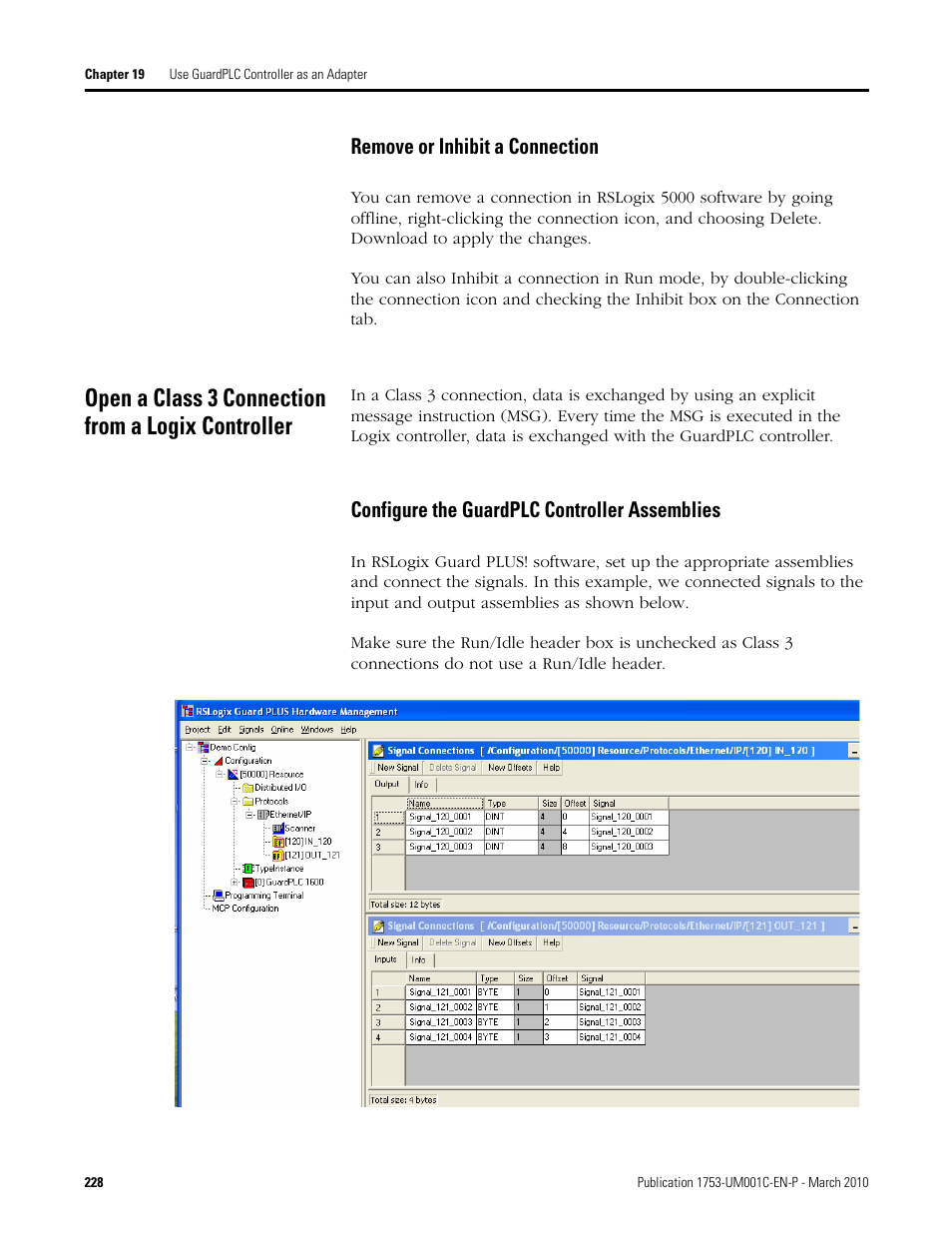 Open a class 3 connection from a logix controller, Remove or inhibit a connection, Configure the guardplc controller assemblies | Rockwell Automation 1755-OF8 GuardPLC Controller Systems User Manual | Page 228 / 356
