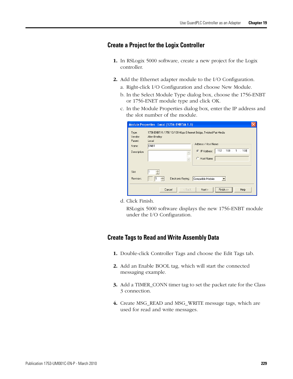 Create a project for the logix controller, Create tags to read and write assembly data | Rockwell Automation 1755-OF8 GuardPLC Controller Systems User Manual | Page 229 / 356