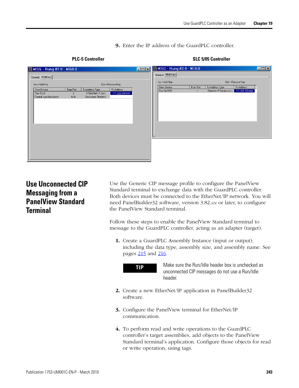 Use unconnected cip messaging from a panelview, Standard terminal | Rockwell Automation 1755-OF8 GuardPLC Controller Systems User Manual | Page 243 / 356