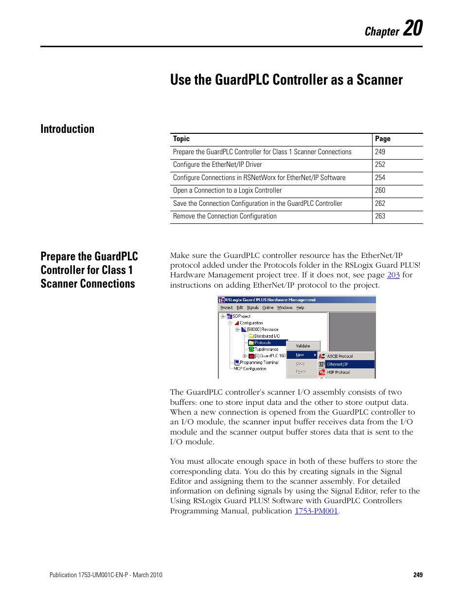 20 - use the guardplc controller as a scanner, Introduction, Chapter 20 | Use the guardplc controller as a scanner, Connections, Chapter | Rockwell Automation 1755-OF8 GuardPLC Controller Systems User Manual | Page 249 / 356