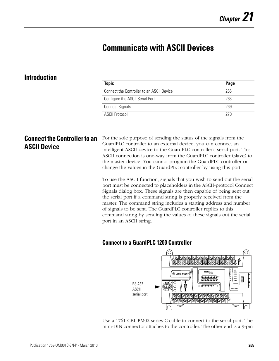 21 - communicate with ascii devices, Introduction, Connect the controller to an ascii device | Chapter 21, Communicate with ascii devices, Connect to a guardplc 1200 controller, Chapter | Rockwell Automation 1755-OF8 GuardPLC Controller Systems User Manual | Page 265 / 356