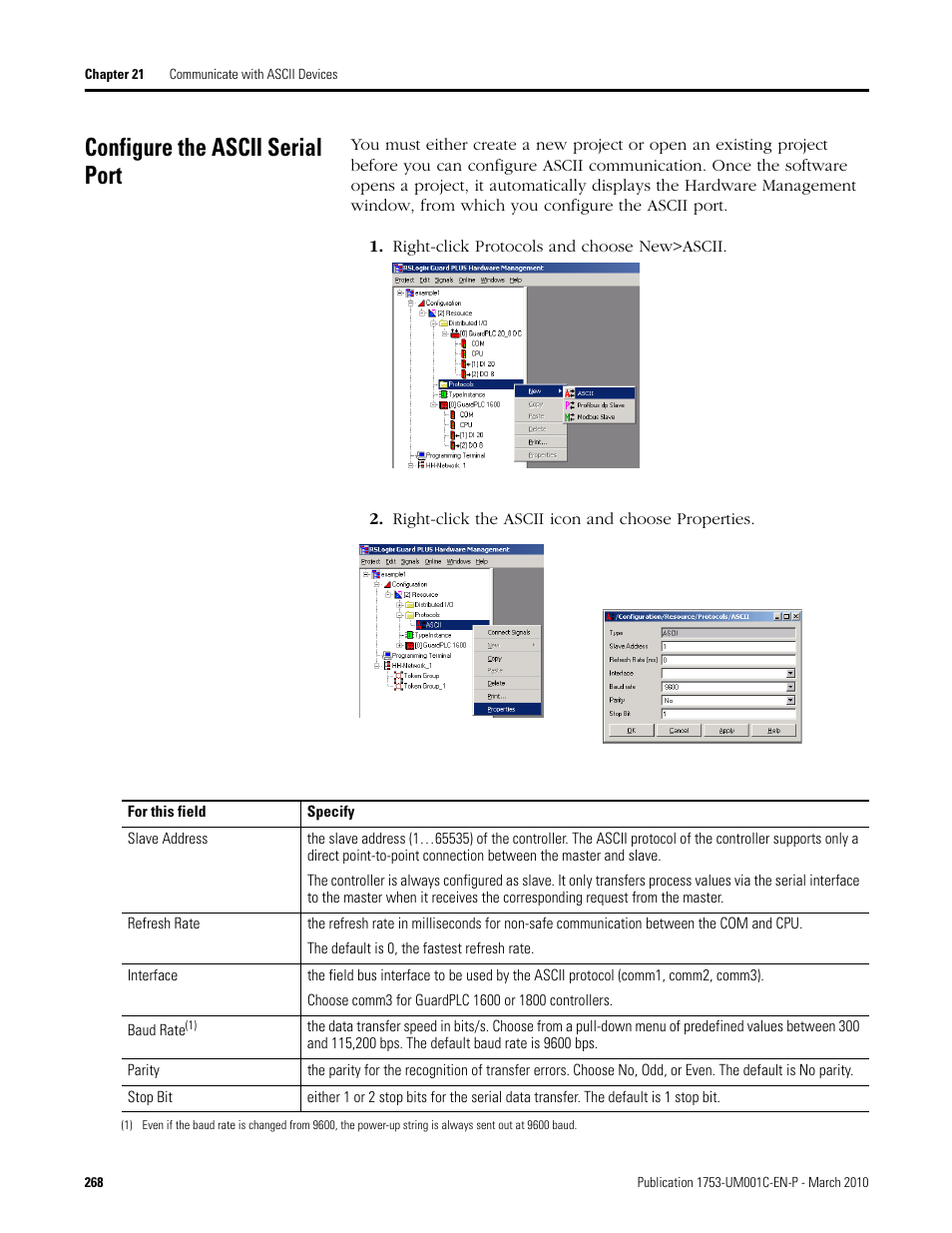 Configure the ascii serial port | Rockwell Automation 1755-OF8 GuardPLC Controller Systems User Manual | Page 268 / 356