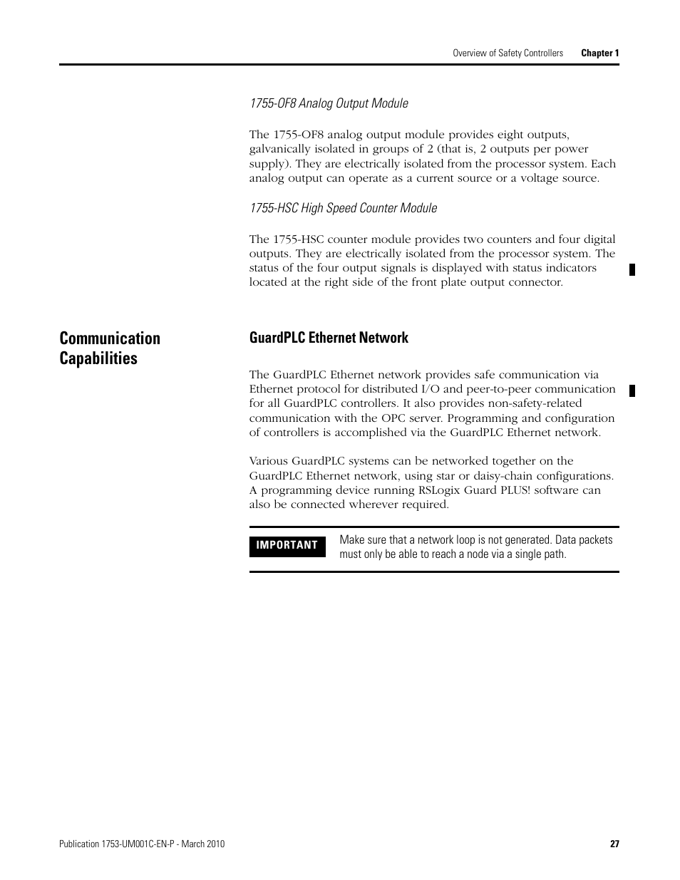 Communication capabilities, Guardplc ethernet network | Rockwell Automation 1755-OF8 GuardPLC Controller Systems User Manual | Page 27 / 356