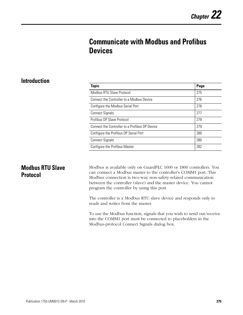 22 - communicate with modbus and profibus devices, Introduction, Modbus rtu slave protocol | Chapter 22, Communicate with modbus and profibus devices, Introduction modbus rtu slave protocol, Chapter | Rockwell Automation 1755-OF8 GuardPLC Controller Systems User Manual | Page 275 / 356