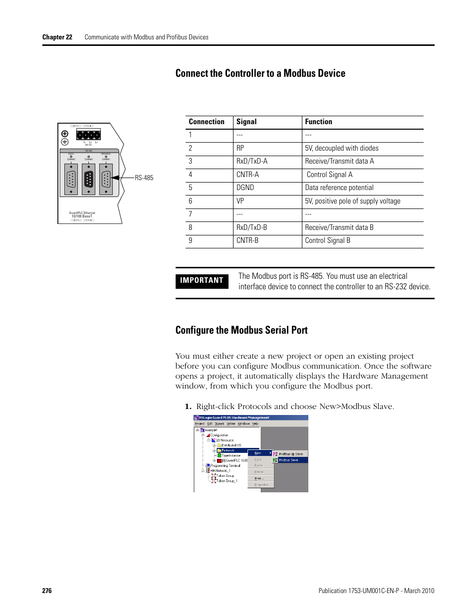 Connect the controller to a modbus device, Configure the modbus serial port | Rockwell Automation 1755-OF8 GuardPLC Controller Systems User Manual | Page 276 / 356