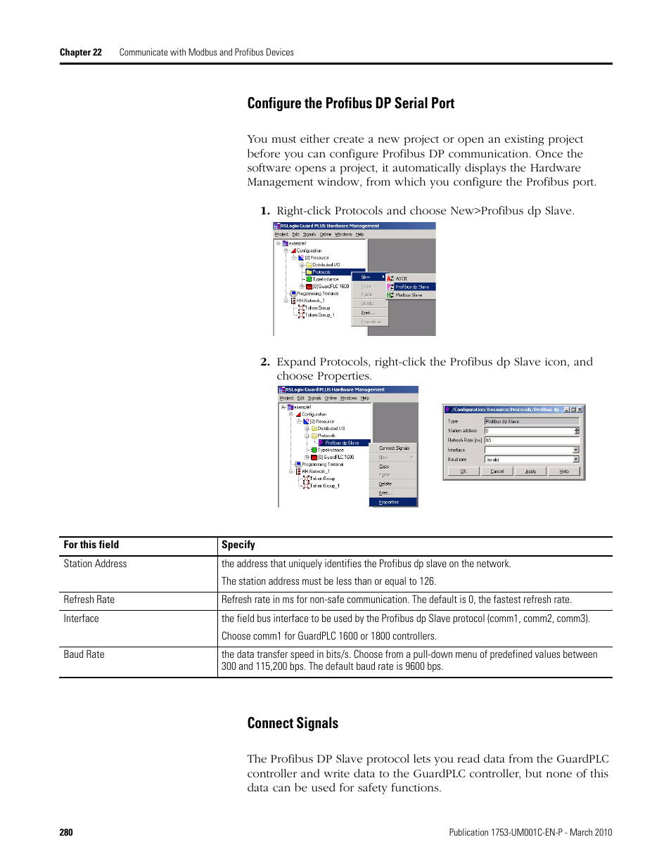 Configure the profibus dp serial port, Connect signals | Rockwell Automation 1755-OF8 GuardPLC Controller Systems User Manual | Page 280 / 356