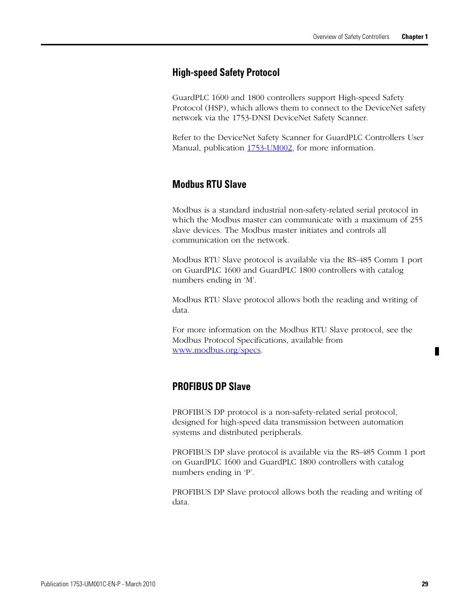 High-speed safety protocol, Modbus rtu slave, Profibus dp slave | Rockwell Automation 1755-OF8 GuardPLC Controller Systems User Manual | Page 29 / 356