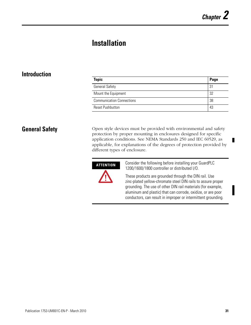 2 - installation, Introduction, General safety | Chapter 2, Installation, Introduction general safety, Chapter | Rockwell Automation 1755-OF8 GuardPLC Controller Systems User Manual | Page 31 / 356