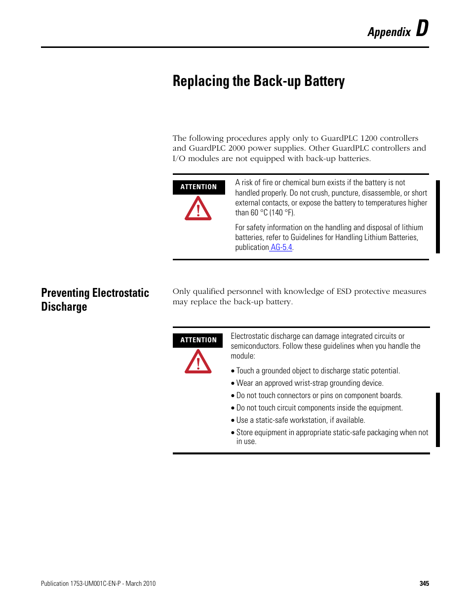 D - replacing the back-up battery, Preventing electrostatic discharge, Appendix d | Replacing the back-up battery, Appendix | Rockwell Automation 1755-OF8 GuardPLC Controller Systems User Manual | Page 345 / 356