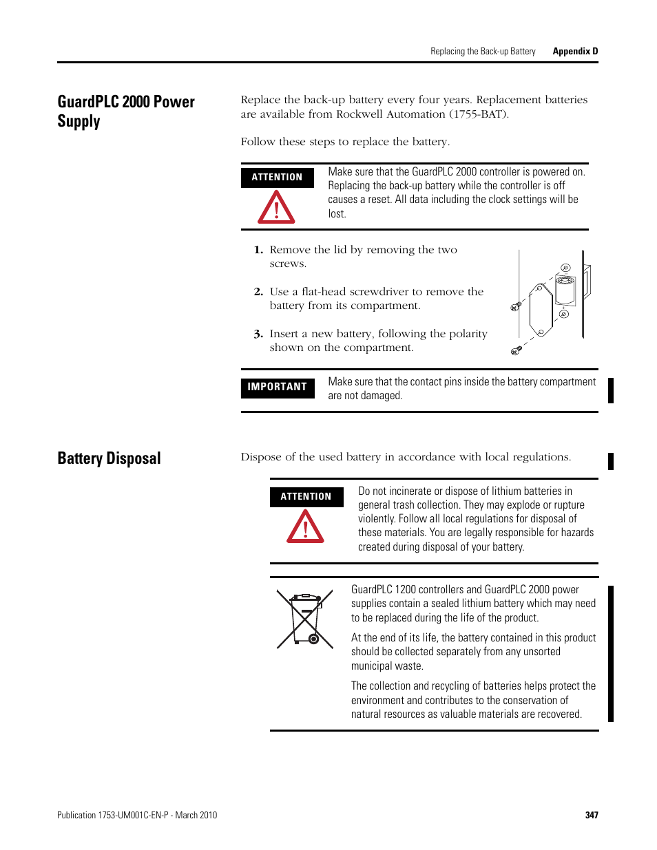 Guardplc 2000 power supply, Battery disposal, Guardplc 2000 power supply battery disposal | Rockwell Automation 1755-OF8 GuardPLC Controller Systems User Manual | Page 347 / 356