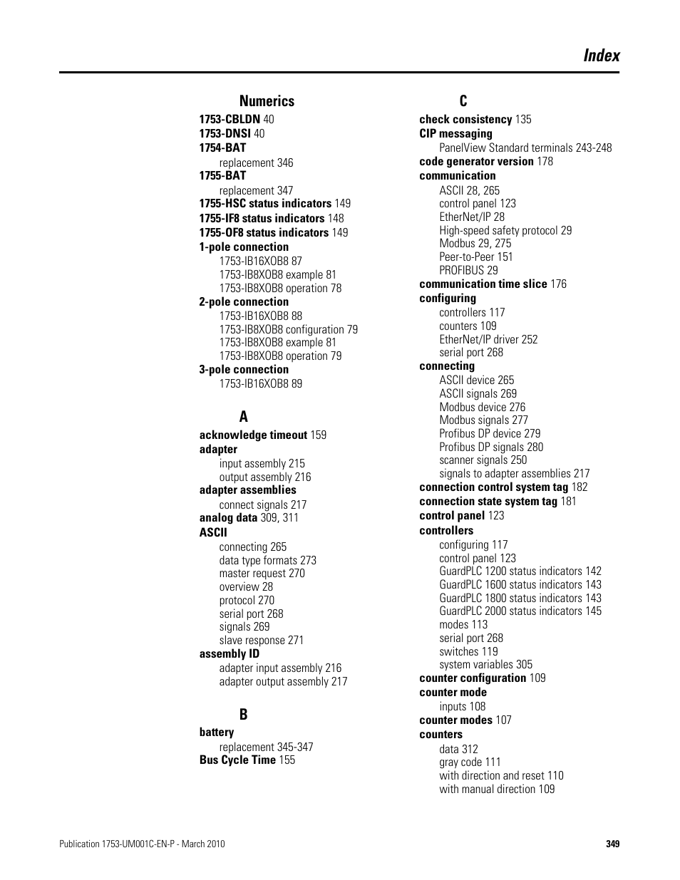 Index, Numerics | Rockwell Automation 1755-OF8 GuardPLC Controller Systems User Manual | Page 349 / 356