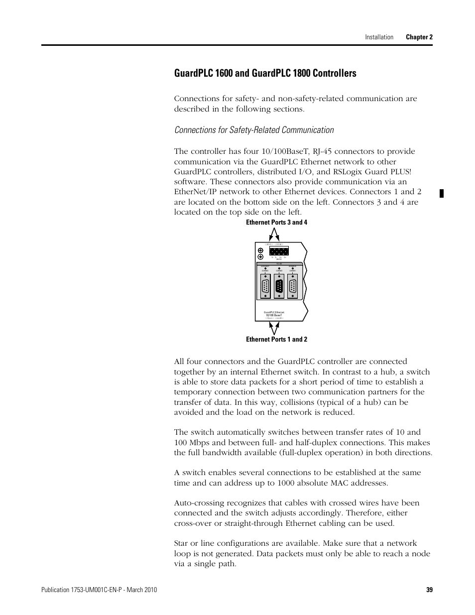 Guardplc 1600 and guardplc 1800 controllers, Connections for safety-related communication, Ethernet ports 3 and 4 ethernet ports 1 and 2 | Rockwell Automation 1755-OF8 GuardPLC Controller Systems User Manual | Page 39 / 356