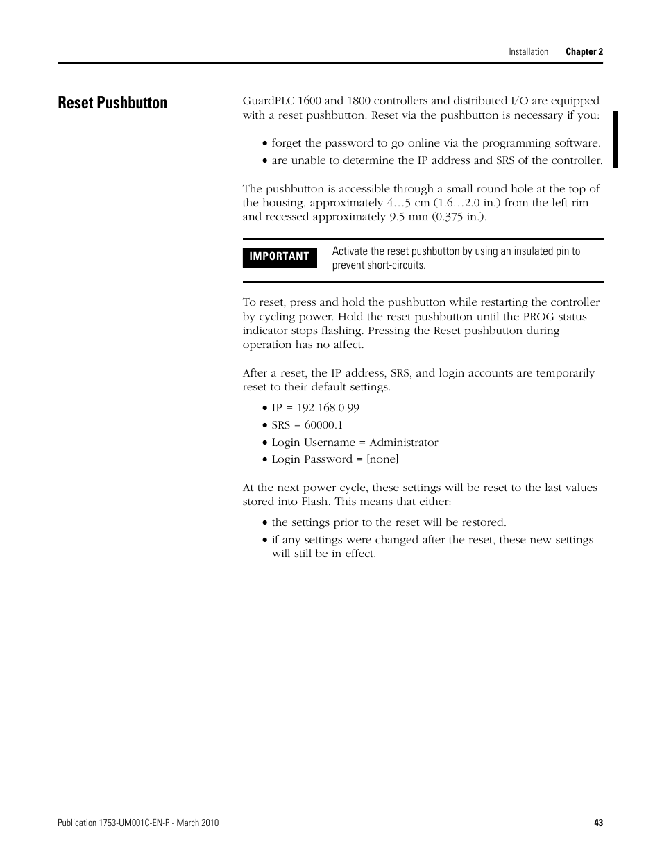 Reset pushbutton | Rockwell Automation 1755-OF8 GuardPLC Controller Systems User Manual | Page 43 / 356