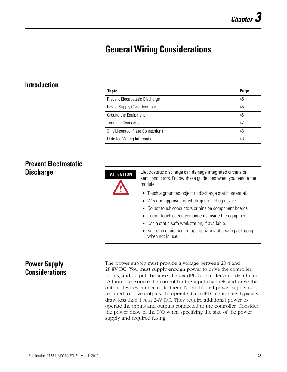 3 - general wiring considerations, Introduction, Prevent electrostatic discharge | Power supply considerations, Chapter 3, General wiring considerations, Chapter | Rockwell Automation 1755-OF8 GuardPLC Controller Systems User Manual | Page 45 / 356