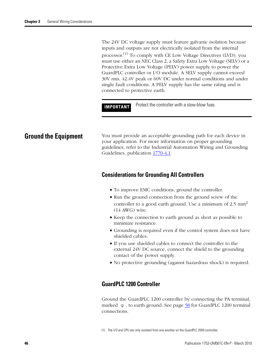 Ground the equipment, Considerations for grounding all controllers, Guardplc 1200 controller | Rockwell Automation 1755-OF8 GuardPLC Controller Systems User Manual | Page 46 / 356