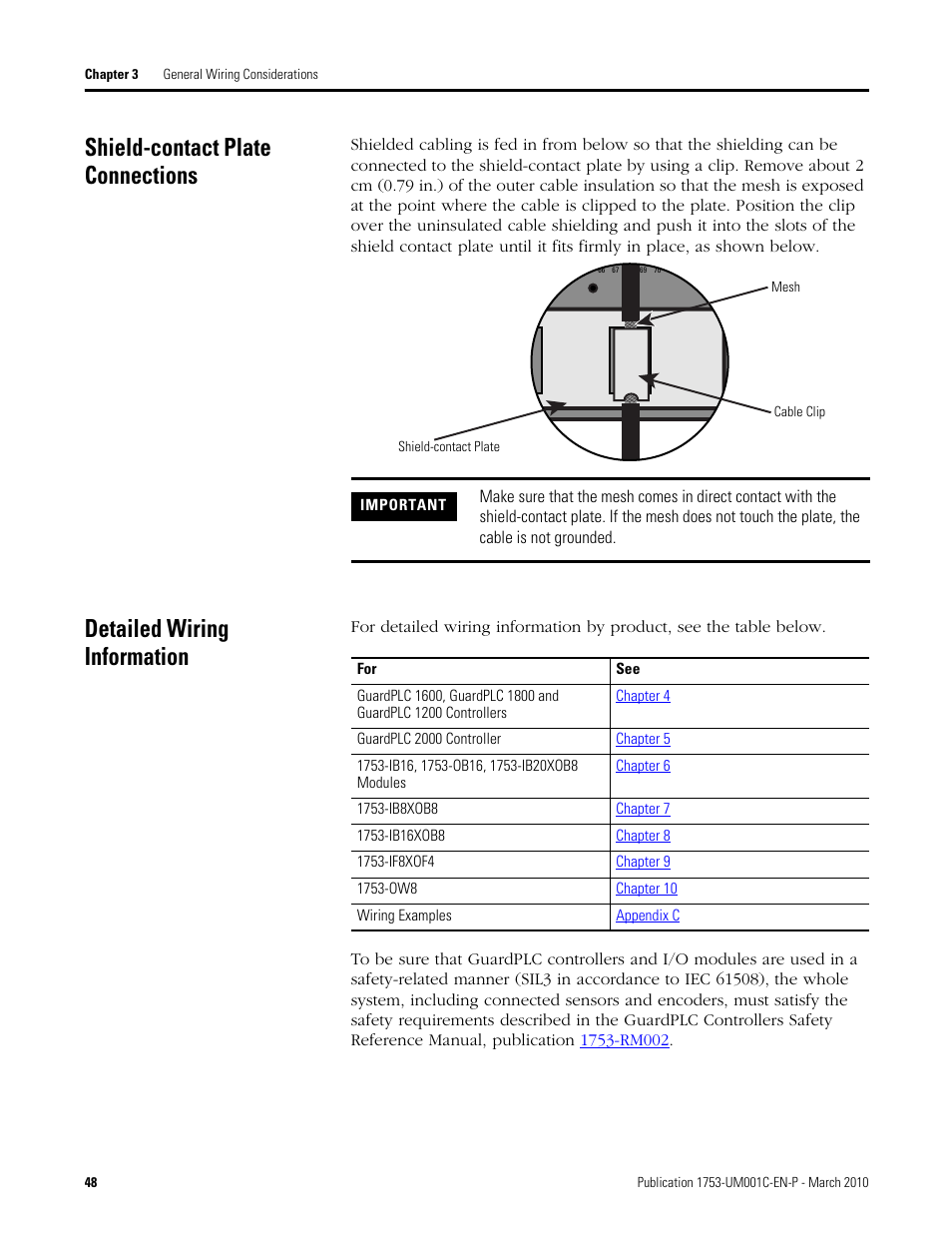 Shield-contact plate connections, Detailed wiring information | Rockwell Automation 1755-OF8 GuardPLC Controller Systems User Manual | Page 48 / 356