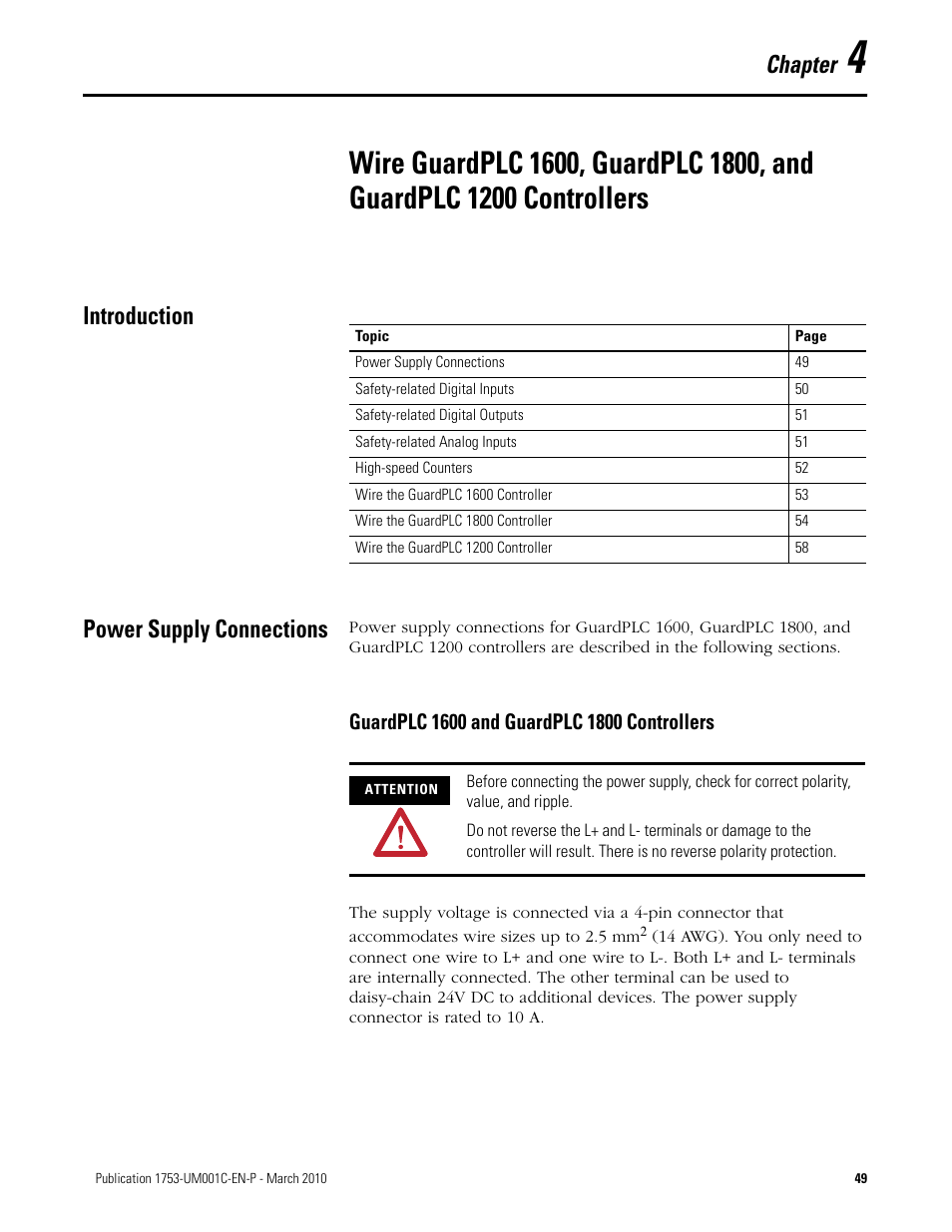 Introduction, Power supply connections, Chapter 4 | Introduction power supply connections, Guardplc 1600 and guardplc 1800 controllers, Chapter | Rockwell Automation 1755-OF8 GuardPLC Controller Systems User Manual | Page 49 / 356