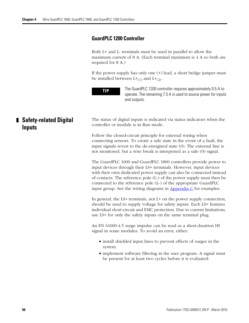 Safety-related digital inputs, Guardplc 1200 controller | Rockwell Automation 1755-OF8 GuardPLC Controller Systems User Manual | Page 50 / 356