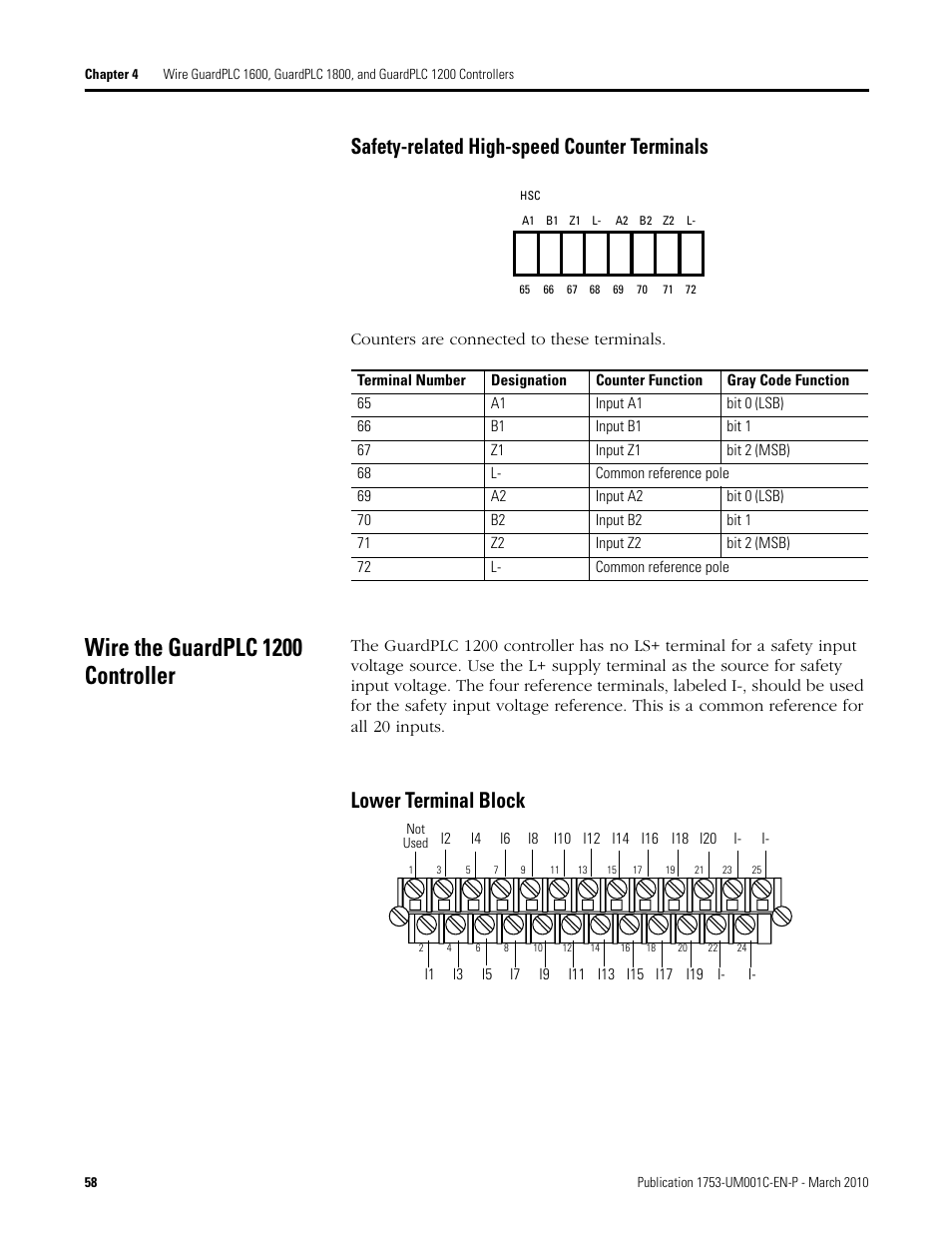 Wire the guardplc 1200 controller, Safety-related high-speed counter terminals, Lower terminal block | Counters are connected to these terminals | Rockwell Automation 1755-OF8 GuardPLC Controller Systems User Manual | Page 58 / 356