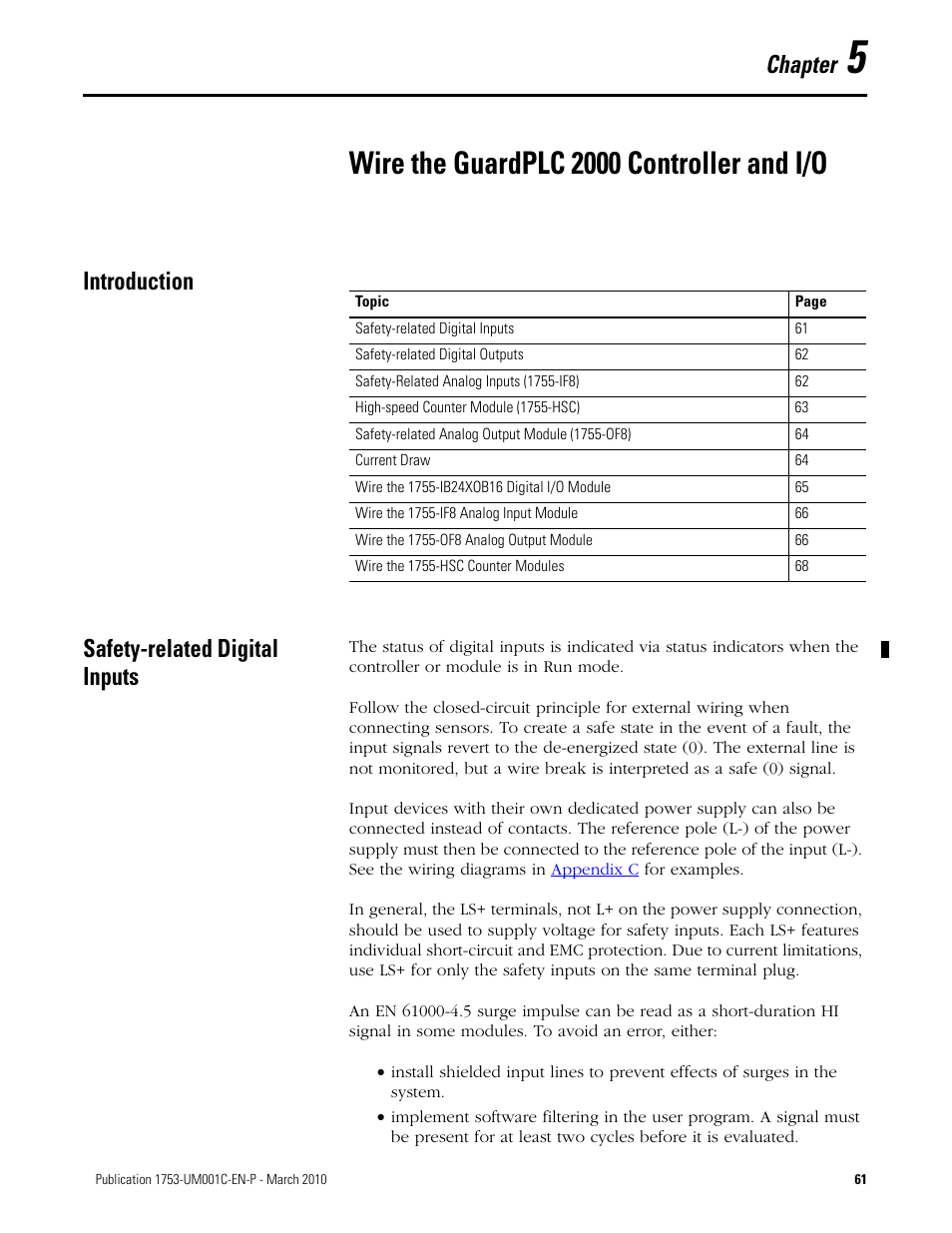 5 - wire the guardplc 2000 controller and i/o, Introduction, Safety-related digital inputs | Chapter 5, Wire the guardplc 2000 controller and i/o, Introduction safety-related digital inputs, Chapter | Rockwell Automation 1755-OF8 GuardPLC Controller Systems User Manual | Page 61 / 356